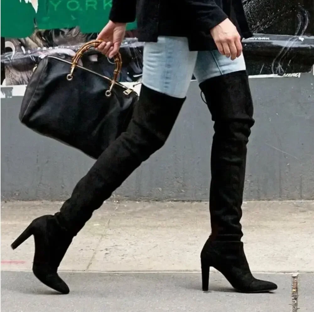 Stuart Weitzman Over The Knee Heeled Boots 8.5 Suede Black Stiletto Platform OTK
